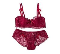 French Lace for Women Sexy Thin Steel Edge See-Through Underwear Set Bustier Unpadded, red, 10