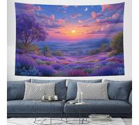 French Lavender Fields Tapestry Romantic Sunset Wall Hanging Tapestries Decorative Wall Art Aesthetic Wall Decor for Bedroom Dorm Room, Purple - 150x100 cm