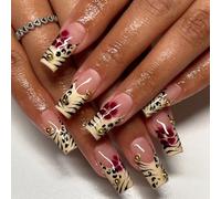 French Leopard Print False Nails - 24pcs Medium Length Coffin Press on Nails - Black White Stick on Nails French Tip - 12 Sizes Artificial Fake Nail with Plum Blossom Design for Women Girls