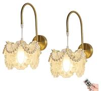 French Light Luxury Crystal Wall Sconces Battery Operated 2 Pack, Gold Rechargeable Not Hardwired Wall Lights, Wireless Dimmable Timeable Wall Lamps for Living Room Bedroom Hallway Bathroom Vanity