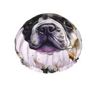 French little bulldog Shower Cap for Women Double Layers Thick Hair Caps Reusable Waterproof Bath Caps with Elastic Band Hair Hat Washable Shower Hat for Men Women Spa Salon