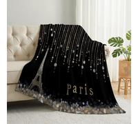 French Luxury Soft Cozy Flannel Throw Blanket 127 x 152 cm, Eiffel Tower Gold Thread Gemstones Washable Lightweight Blanket For Office Bed Sofa Chair, White Gold Anti-Pilling Breathable Throw Blankets