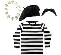 French Man Fancy Dress Costume Black & White Striped Top + Black Beret + Black Moustache + Onion/garlic Garland Frenchman Outfit Set (Medium)