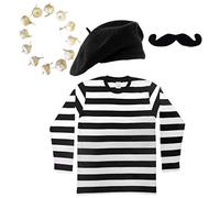 French Man Fancy Dress Costume Black & White Striped Top + Black Beret + Black Moustache + Onion/garlic Garland Frenchman Outfit Set