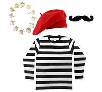 French Man Fancy Dress Costume Black & White Striped Top + Red Beret + Black Moustache + Onion/garlic Garland Frenchman Outfit Set