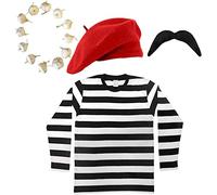 French Man Fancy Dress Costume Black & White Striped Top + Red Beret + Black Moustache + Onion/garlic Garland Frenchman Outfit Set (Medium)