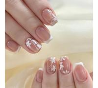 French Manicure Artificial Nail Tips - 24PCS Squoval Glossy Coffin Press on Nails with Delicate White Floral Patterns for Women, Elegant Floral Fake Full Cover Nude Pink Acrylic Art Kit