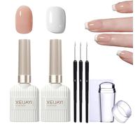 French Manicure Kit Jelly Nude and White Gel Polish Set for French Tips with Nail Stamper & 3Pcs Nail Art Brushes Long Lasting French Manicure Gel for Home DIY Nail Salon