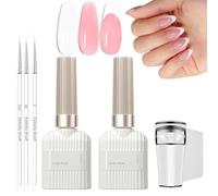 French Manicure Kit - Jelly Pink White Gel Nail Polish Set - Jelly Gel Kit for French Tip Manicure with 3Pcs Nail Art Pen and Nail Stamper - Long Lasting UV for Home DIY Salon