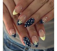 French Manicure Nails Blue Yellow Geometric Stars Detail Break Resistant ABS for Bride Holiday French Tip Polkas Dot Stars Presses on Nails