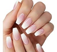 French Medium Square Press on Nails - 24Pcs Gradient White Pink Fake Tips with Glue - Stick on Pattern for Women Girls Art (Gradient Pink)