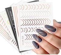 French Metallic Line Nail Art Stickers Decals 8 Sheet Self-Adhesive Rose Gold Metal Curve Stripe Design Manicure Tips Nail Decoration for Women Girls