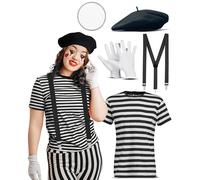 French Mime Artist Costume for Women's - France Street Mime Joker Fancy Dress - Beret + T-Shirt + Gloves + Braces + Face Paint (Black, S)
