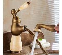 French Natural Jade Pull-Out All-Copper Bathroom Basin hot and Cold Faucet, Antique, Topaz, Low