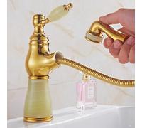 french natural jade pull-out faucet all copper bathroom basin hot and cold splashproof faucet, type a, green jade, low style