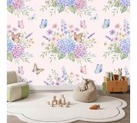 French Natural Non-Woven Wall Mural, Colorful 350 x 256 cm Wallpaper Decor | Watercolor Floral Hydrangeas Butterflies Print Premium Photo Wall Mural Wallpaper Decoration for Bedroom Living Room Home