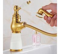 French Natural Pull-Out All Copper Bathroom Basin hot and Cold Splash proofproof Faucet, Type a, White Jade, Low Style