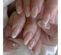 French Nude Press On Nails Almond, Short Fake Nails with 3D Gold Moon and Star Design, Glitter French Tip and Pearl Accents, Glossy Reusable Glue On Nails Kit for Women, 24Pcs