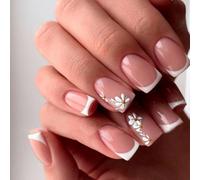 French Nude Press-On Nails Short Square, Summer False Nails with White French Tip and 3D Daisy Design, Glossy Gel Finish Acrylic Nails, Pack of 24