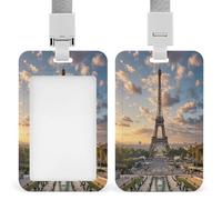 French Paris Tour Eiffel Tower Badge Holder Waterproof Plastic ID Card Badge Holders with Lanyard Vertical Card Case Protector Pouch Clear Window Work Badges for Women Men