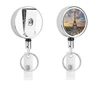 French Paris Tour Eiffel Tower Badge Reel Round Retractable Keychain Stainless Steel Metal Badge Clip Heavy Duty Badges Holder Nylon Rope Belt Clip and Key Ring for Woman Man
