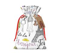 French Paris Tour Eiffel Tower Print Christmas Drawstring Gift Bags Festive Sack Xmas Birthday Party Present Packaging