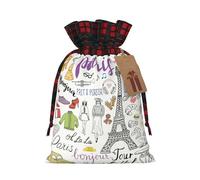 French Paris Tour Eiffel Tower Print Christmas Drawstring Gift Bags,Gifts Wrapping Bag for Xmas Birthday Holiday Party