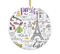 French Paris Tour Eiffel Tower Print Christmas Tree Ceramic Round Hanging Ornaments,Xmas Decoration DIY Keepsake 2025