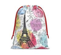French Paris Tour Eiffel Tower Printing Soft Drawstring Gift Bag With Red Ribbon Durable For Christmas Halloween For Adults Gifting