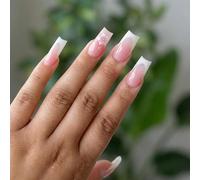 French Pink to White Ombre Press on Nails with Cherry Blossom Design - 24PCS Coffin Shaped False Nails for Women, Reusable Artificial Glossy & Natural for Party Daily Wear