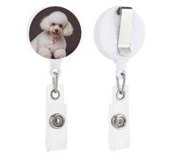 French Poodle Retractable Badge Reel - Personalized ID Name Badge Holder with Lanyard Cute Badges Reel Holder Round Nurse Doctor Name Tag Badges Clip for Work