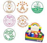 French Praise Teacher Stamp Box Set: Très bon travail/Continue ainsi, Excellent travail, Très bien (x2),Bien, Bon Travail. 22mm Reinkable Stampers^