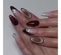 French Press-On Nails 24Pcs With Striped Floral Patterns & Steel Beads ABS For Women Daily & Party Wear Black French Leopard Print Gradient Stripe Floral False Nail