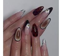 French Press-on Nails 24Pcs with Striped Floral Patterns & Steel Beads ABS for Women Daily & Party Wear Black French Leopard Print Gradient Stripe Floral False Nail