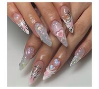 French Press On Nails False Nails 24 PCS, Classic French Tip Full Cover, Reusable Easy to Apply, Natural Look for Daily Wear & Wedding, Oval Long 3D Iridescent Heart White Tip