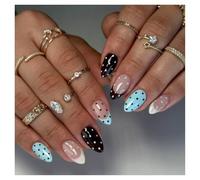 French Press On Nails False Nails 24 PCS, Classic French Tip Full Cover, Reusable Easy to Apply, Natural Look for Daily Wear & Wedding, Almond Short Black Polka Dot Blue