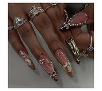 French Press On Nails False Nails 24 PCS, Classic French Tip Full Cover, Reusable Easy to Apply, Natural Look for Daily Wear & Wedding, Stiletto Long 3D Cross Pearl Leopard Edge