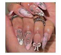 French Press On Nails False Nails 24 PCS, Classic French Tip Full Cover, Reusable Easy to Apply, Natural Look for Daily Wear & Wedding, Oval Long Pink Edge Hollow Star 3D Nude
