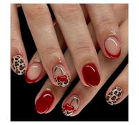 French Press On Nails False Nails 24 PCS, Classic French Tip Full Cover, Reusable Easy to Apply, Natural Look for Daily Wear & Wedding, Coffin Short Red Cherry Leopard