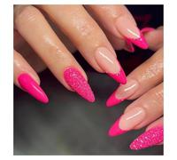 French Press On Nails False Nails 24 PCS, Classic French Tip Full Cover, Reusable Easy to Apply, Natural Look for Daily Wear & Wedding, Oval Long Hot Pink Glitter