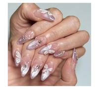 French Press On Nails False Nails 24 PCS, Classic French Tip Full Cover, Reusable Easy to Apply, Natural Look for Daily Wear & Wedding, Oval Medium Long 3D Butterfly Cat Eye Edge