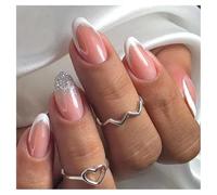 French Press On Nails False Nails 24 PCS, Classic French Tip Full Cover, Reusable Easy to Apply, Natural Look for Daily Wear & Wedding, Almond Short White Tip Glitter Nude