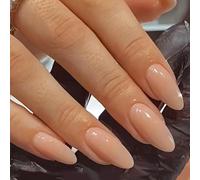 French Press on Nails Medium Almond Shape, 24Pcs Acrylic Fake Nails Nude Pink Glossy Elegant False Nails, Reusable Artificial Full Cover Stick on Nail for Women Girls Manicure Decoration 12 Sizes