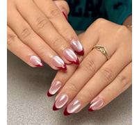 French Press on Nails Oval - 24PCS Red Pearl Glossy Almond False Nails - Nude Based Wine Red French Tip Fake Nails with Glue - Medium Length Elegant Full Cover Acrylic Stick on Nail for Women Nail Art