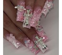 French Press On Nails - Pink Long Coffin False Nails - Cute Kawaii 3D Fake Nails Designs With Cross Kitty Puppy Bow - Acrylic Full Cover Stick On Nails For Women Girls Nail Art Daily Wear Accessories