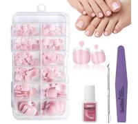 French Press on Toenails 120Pcs Pink Glossy False Toenails with Glue Nail File Cuticle Pusher Kit Square Acrylic Stick on Toenails for Women Girls DIY Pedicure Art Salon (ZX-FSJJ-9)