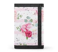French Red Pink Roses White Peonies Eucalyptus Leaves Floral Print Trifold Wallet, Stylish Purse With Keychain, Credit Pass Case Card-Holder for Crash Bills Receipts Women Men 5 x 3.3 x 0.2 Inch