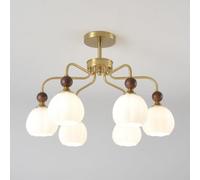French Retro Gold Milk Glass Chandelier Farmhouse Rustic Walnut Wood Pendant 5-Light Ceiling Hanging Lamp Kitchen Island Lighting Fixtures for Over Table Living Room(6-Light)