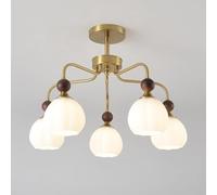 French Retro Gold Milk Glass Chandelier Farmhouse Rustic Walnut Wood Pendant 5-Light Ceiling Hanging Lamp Kitchen Island Lighting Fixtures for Over Table Living Room(5-Light)