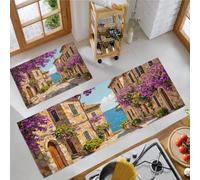 French Retro Kitchen Rug Set 2 Piece, Rural Buildings And Streets Non-Slip Anti-Slip Comfort Machine Washable, 44X75Cm+44X120Cm Stain-Resistant Floor Mat For Kitchen Next To Sink - Beige Brown